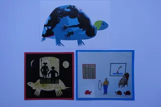 Eigene Collagen, mal betont ein menschlicher Körper den Panzer, mal inspirierte Don Quichotte oder eine Künstlerarbeit im Schaufenster der Galerie Rutzmoser, Format DIN A 6.