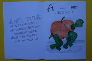 Auftragsarbeit, Künstlerbuch, Titel "Das Schildkröten-Buch", Unikat, Farbstifte, Format DIN A 4. Es umfasst das komplette ABC (von Apfel- bis Zebra-Schildkröte), samt Prolog und Epilog. Jedes Objekt ist zudem mit einem Text versehen. Der "Schöpfer" hat ca. 8 Monate ausdauernd und phantasievoll an diesem Werk gearbeitet.