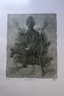Lithographie, Titel "Der Schildkrötenmann", aus der Mappe "Amorana" des Münchner Grafikers, numeriert 180/161, sign., Format 68 x 48 cm.