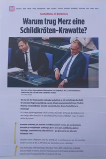 Der Bild-Zeitung vom 14.5.2025 war die Lappalie, welche Krawatte der Kanzler im Bundestag trägt, eine Schlagzeile und Anfrage beim Regierungssprecher wert (Unterstellung Schildkröten-Tempo!) und machte das auch noch zum angeblichen Tuschelthema. Dessen Antwort passte gut. Allein in meiner Sammlung gibt es ca. 10 Schildkröten-Krawatten ("Suche : Krawatten").