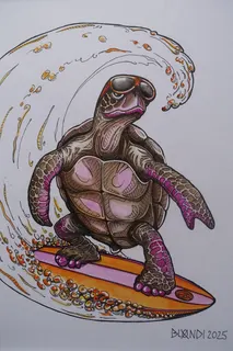 Auftragsarbeit, Titel: "Eisbachsurfer", Aquarell/Fineliner, sign. Blondi (die Künstlerin firmiert clever unter: blondiart.com), Format 21 x 30 cm. Die Welle erinnert an den berühmten Holzschnitt von Katsushika Hokusai (1780 - 1849), Titel "Unter der Welle im Meer vor Kanagawa" (Original in der Bayer. Staatsbibliothek München). Zum optischen Vergleich ein Waschbecken-Stöpsel ("Suche: keep cool") oder eine Zeichnung ("Suche : Til Mette"). In einer mail schreibt sie mir u.a. "Meine Kunst live bei Dir zu sehen, ist ehrlich gesagt die größte Ehre". Jedes Jahr wird von Künstlern des Schwabinger Weihnachtsmarkts eine Glühweintasse entworfen, 2025 von ihr (Motiv sind elf fröhliche Tiere und einige weihnachtliche Symbole), sie stellt dort außerdem im Kunstzelt aus.