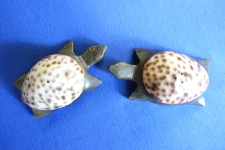 Salz- und Pfefferstreuer aus Sumatra (Indonesien), der Panzer besteht aus halbierten Kaurimuscheln, der Unterbau wurde von Hand aus Horn geschnitzt (Volkskunst), Größe ca. 9 cm.