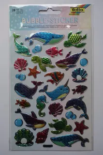 Bubble-Sticker mit strukturierter Bläschenoberfläche, zum Verzieren geeignet. Thema Unterwasserwelt, u.a. mit 3 Meeresschildkröten. Firma Max Bringmann, Bastelprodukte, in Wendelstein (bei Nürnberg).