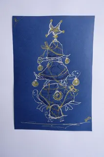 "Weihnachtsbaum" aus vier Schildkröten, handgemalt, Gold- und Silberstift, sign., Format 15 x 10,5 cm. Das Motiv ist inspiriert von Angela Holzmann (dort farbenfroh gestaltet, Format 30 x 21 cm, zu finden unter "Suche : Holzmann").