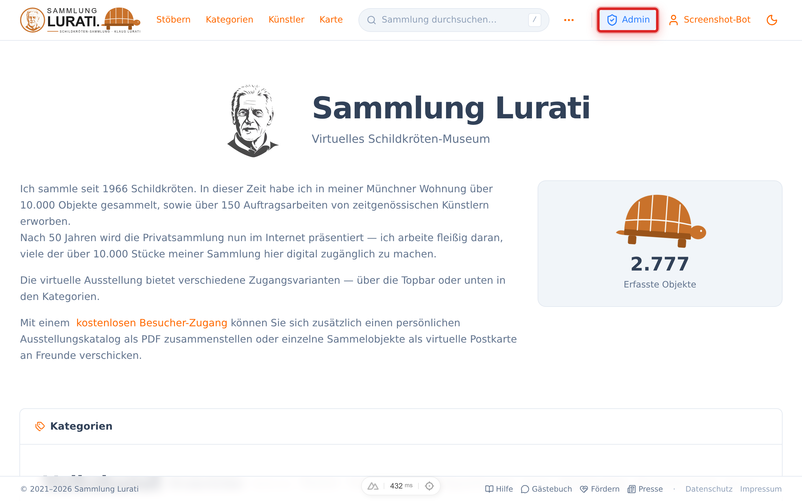 Oben rechts auf der Seite: dein angemeldeter Name und der Button „Admin".