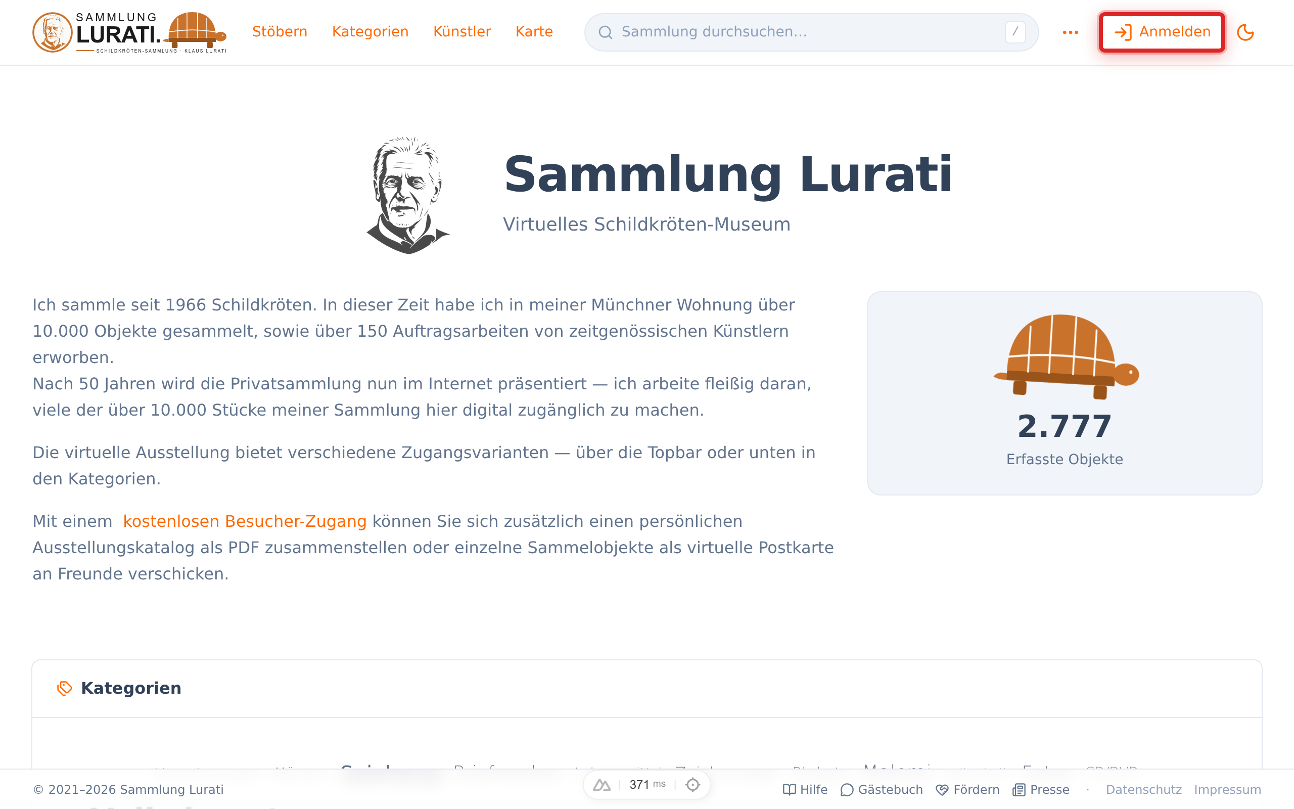 Startseite der Sammlung Lurati mit dem Anmelden-Link oben rechts.