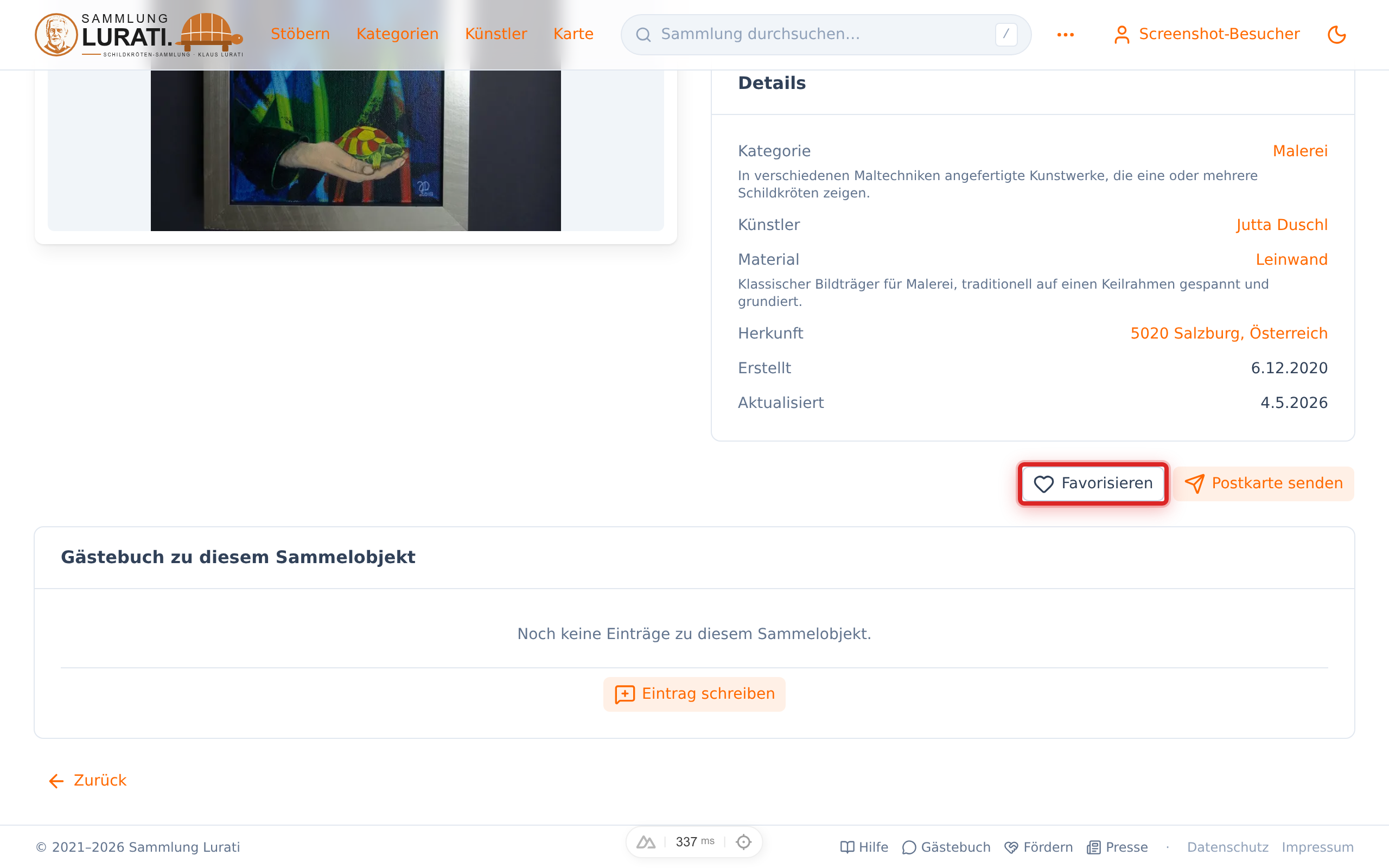 Der Button „Favorisieren" auf der Detailseite eines Sammelobjekts.