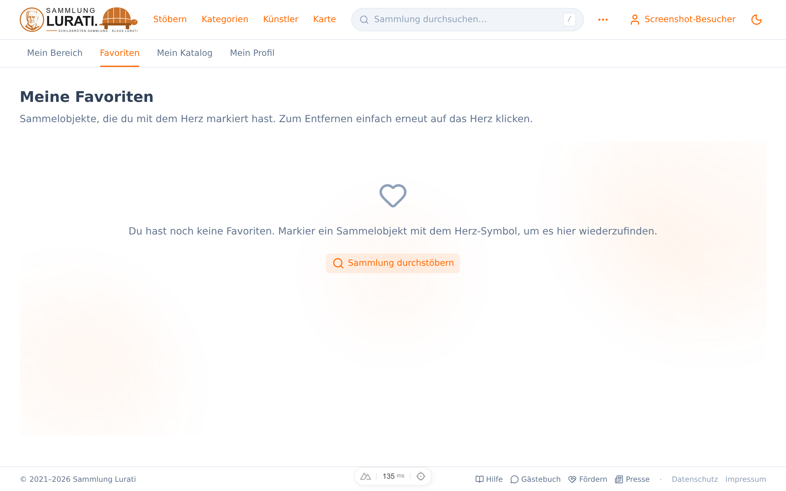 Die leere Favoriten-Liste mit Hinweistext und Button „Sammlung durchstöbern".
