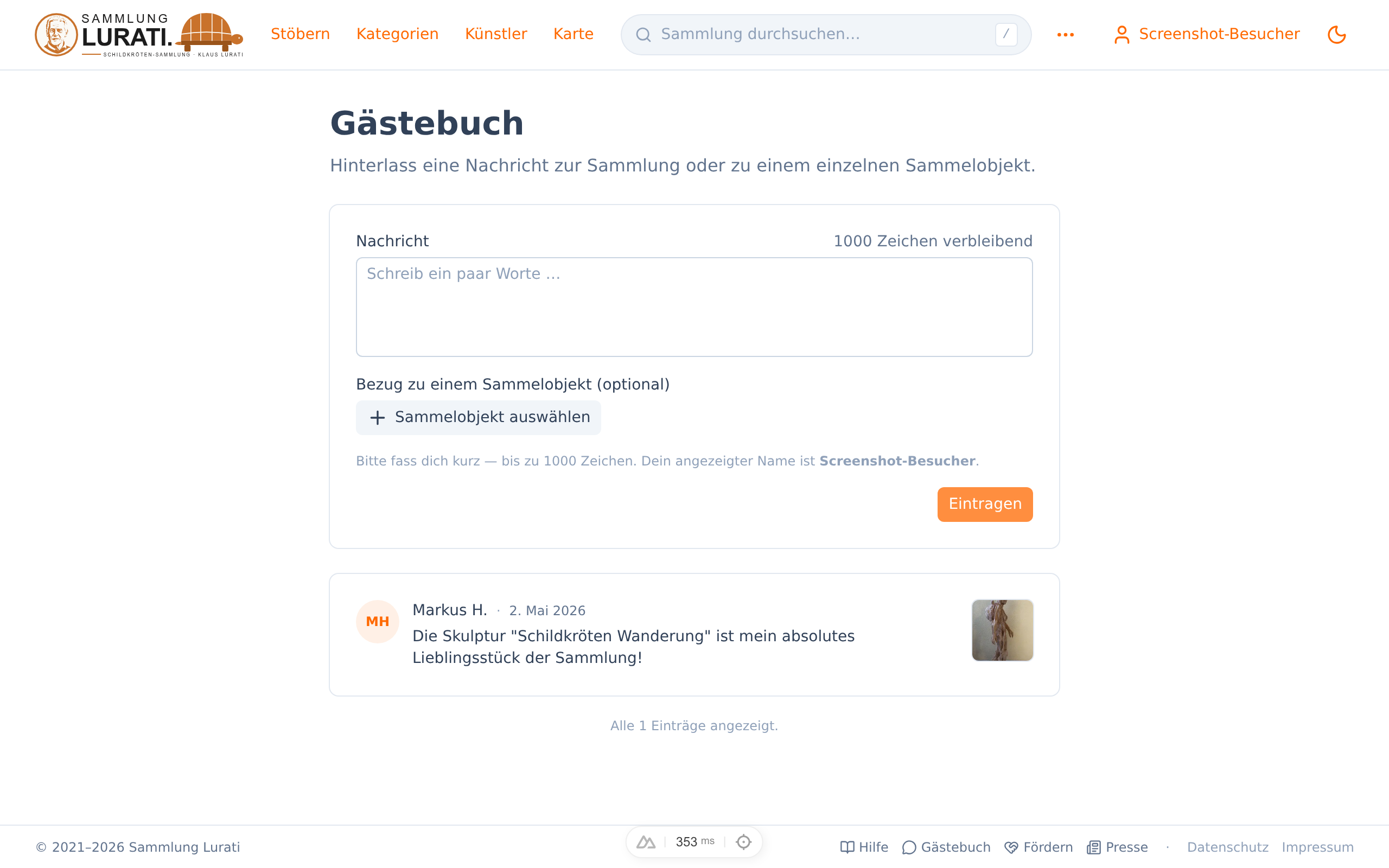 Das eingeblendete Formular mit Nachricht-Feld, Sammelobjekt-Picker und Eintragen-Knopf.