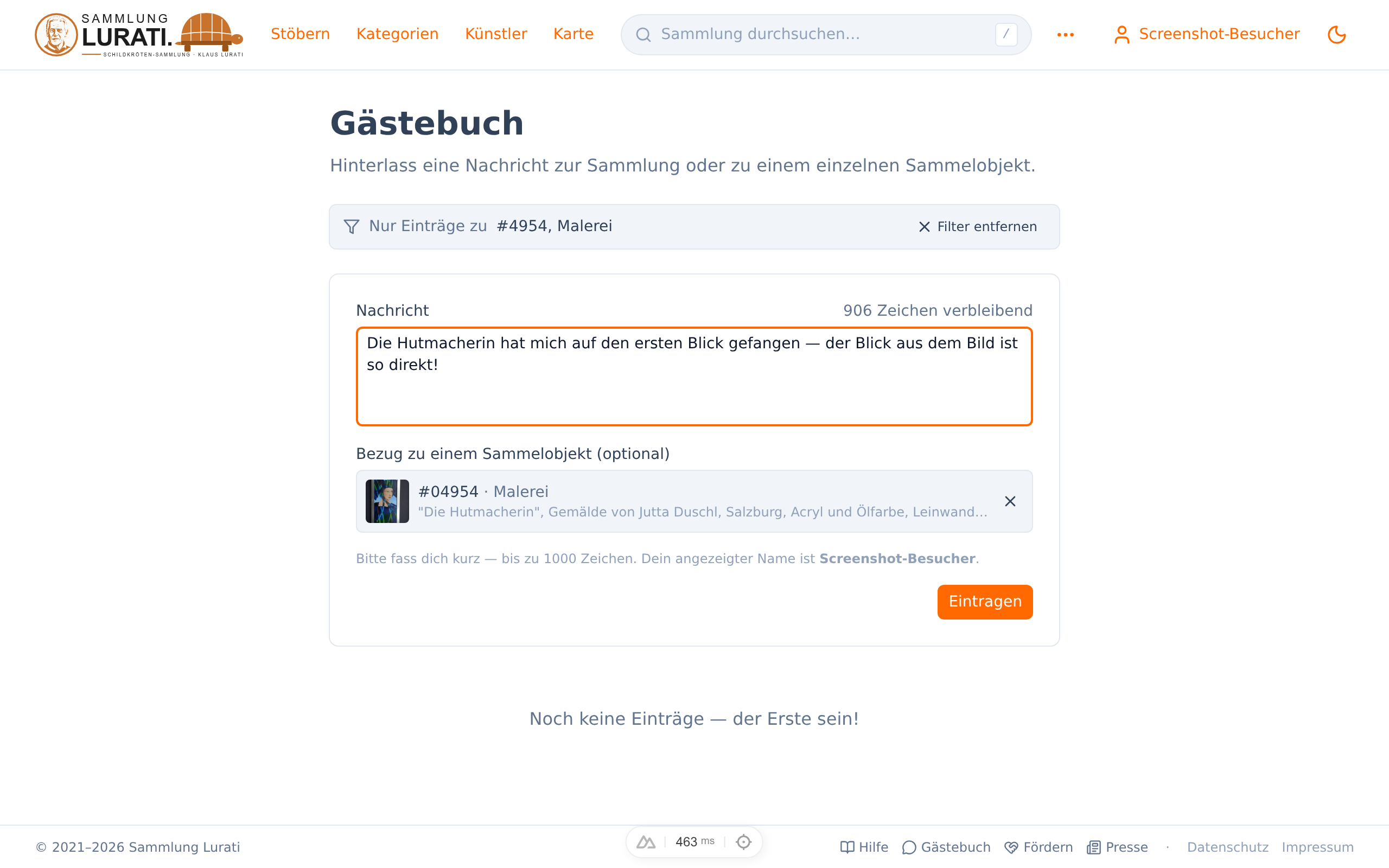 Das Formular mit gesetztem Sammelobjekt-Bezug — sichtbar an der Vorschau-Karte und dem Filter-Chip oben.