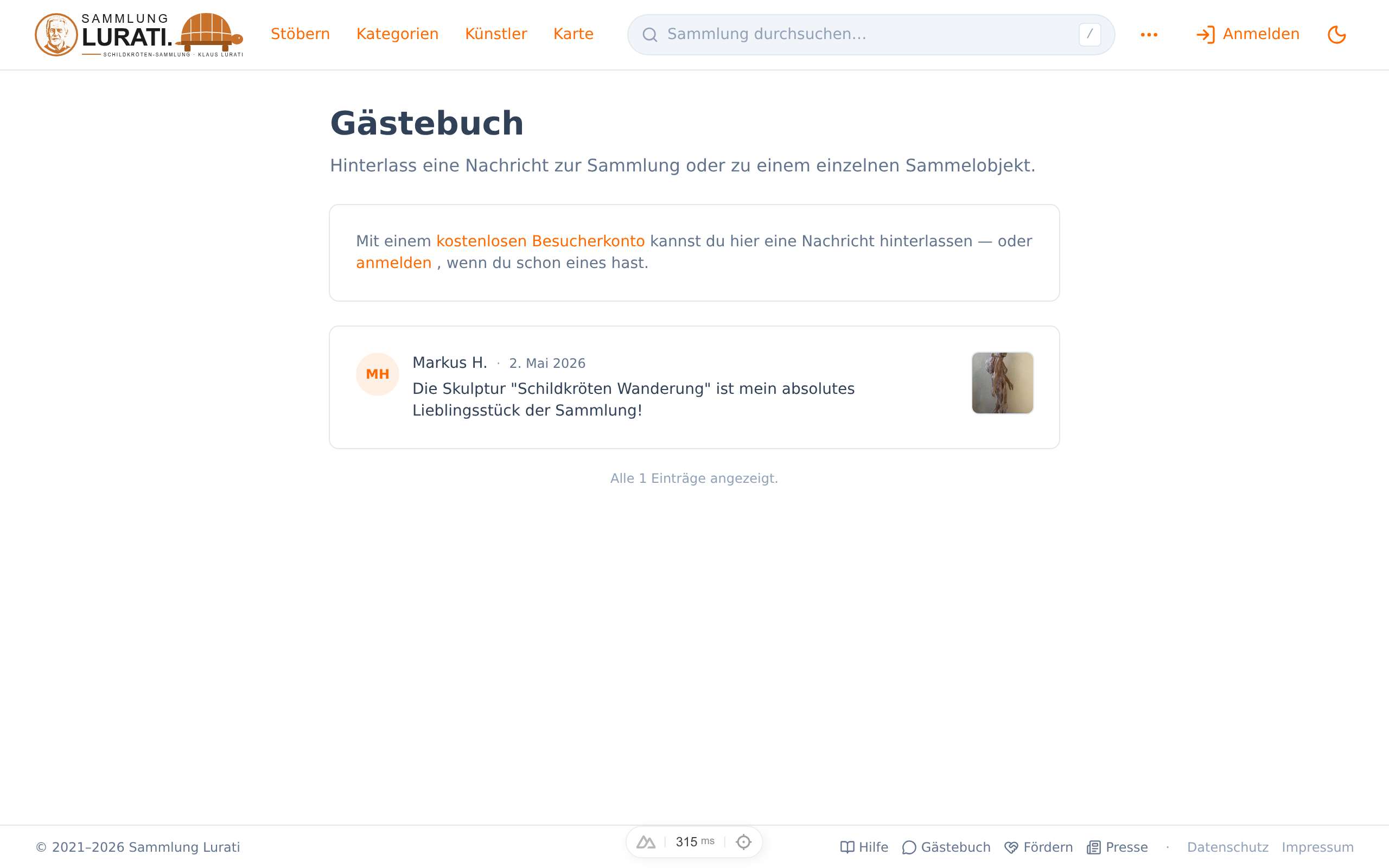 Die Gästebuch-Seite ohne Anmeldung — mit Hinweis auf das kostenlose Besucherkonto und der bestehenden Einträge-Liste.