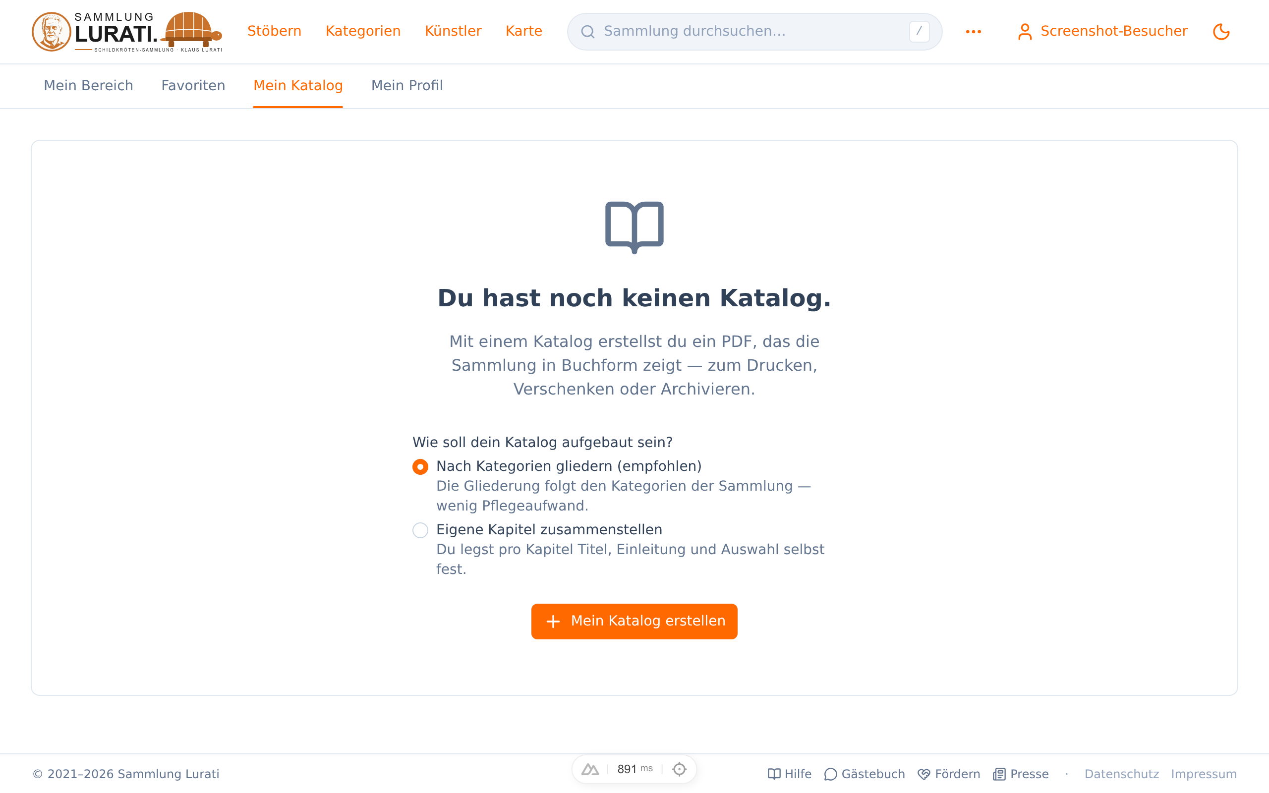 Der leere Mein-Katalog-Bereich mit der Wahl zwischen „Nach Kategorien" und „Eigene Kapitel" und dem Button „Mein Katalog erstellen".