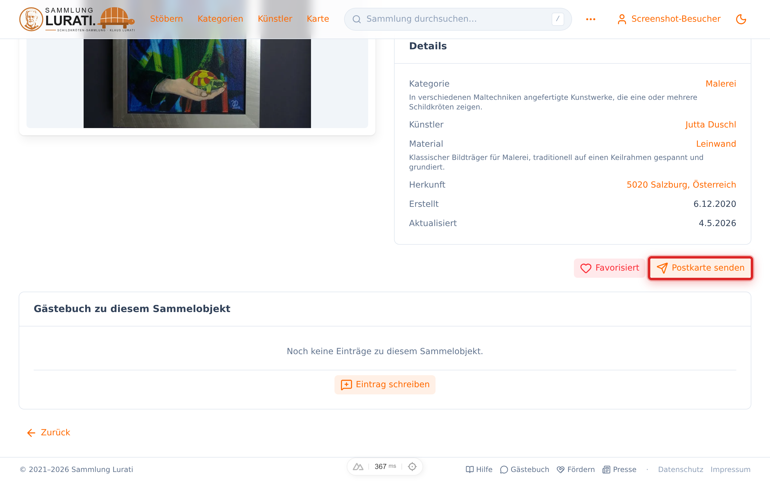 Der Button „Postkarte senden" auf der Detailseite, rechts neben „Favorisieren".