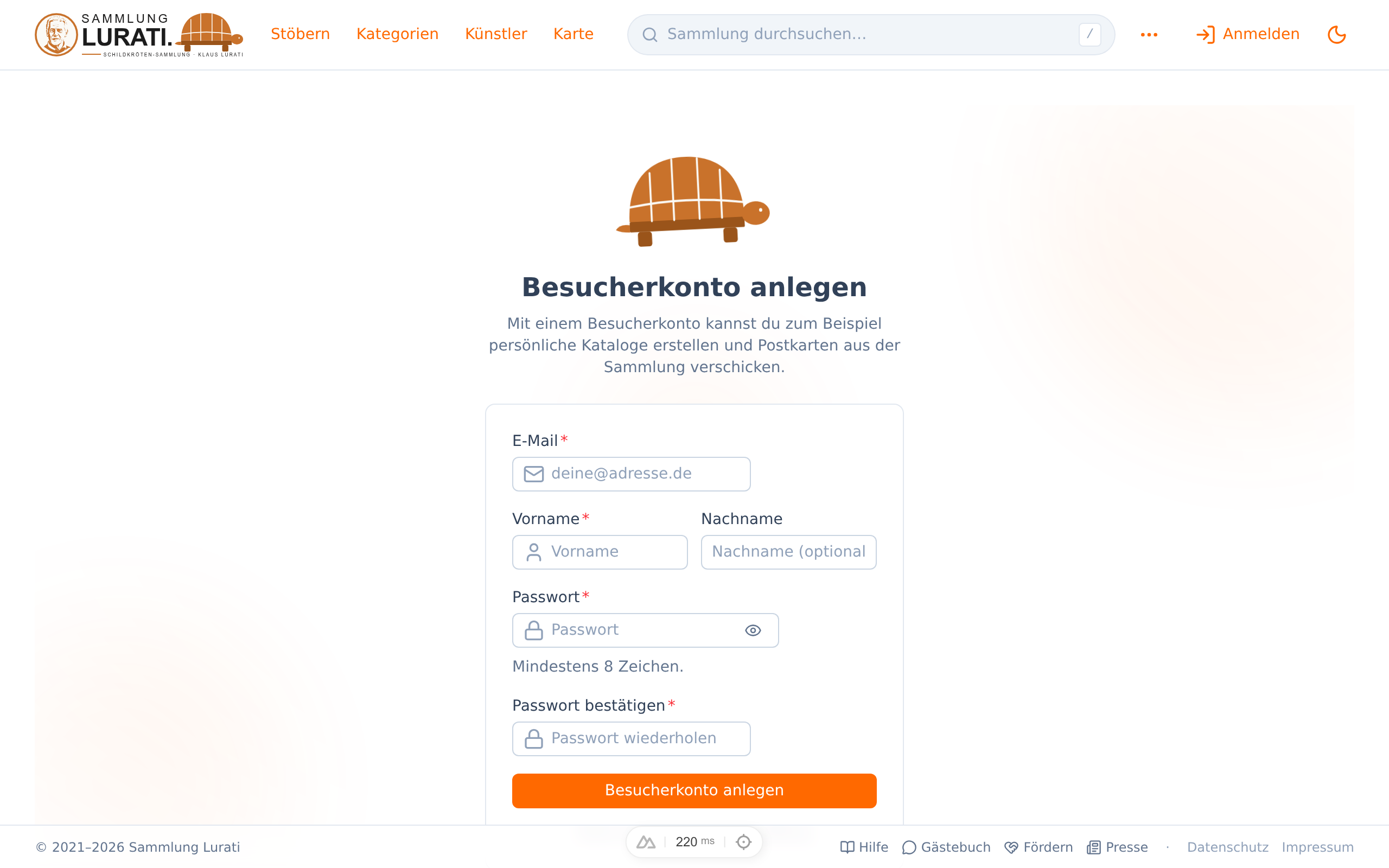 Das leere Registrierungs-Formular mit den Feldern für E-Mail, Vor- und Nachname sowie Passwort.